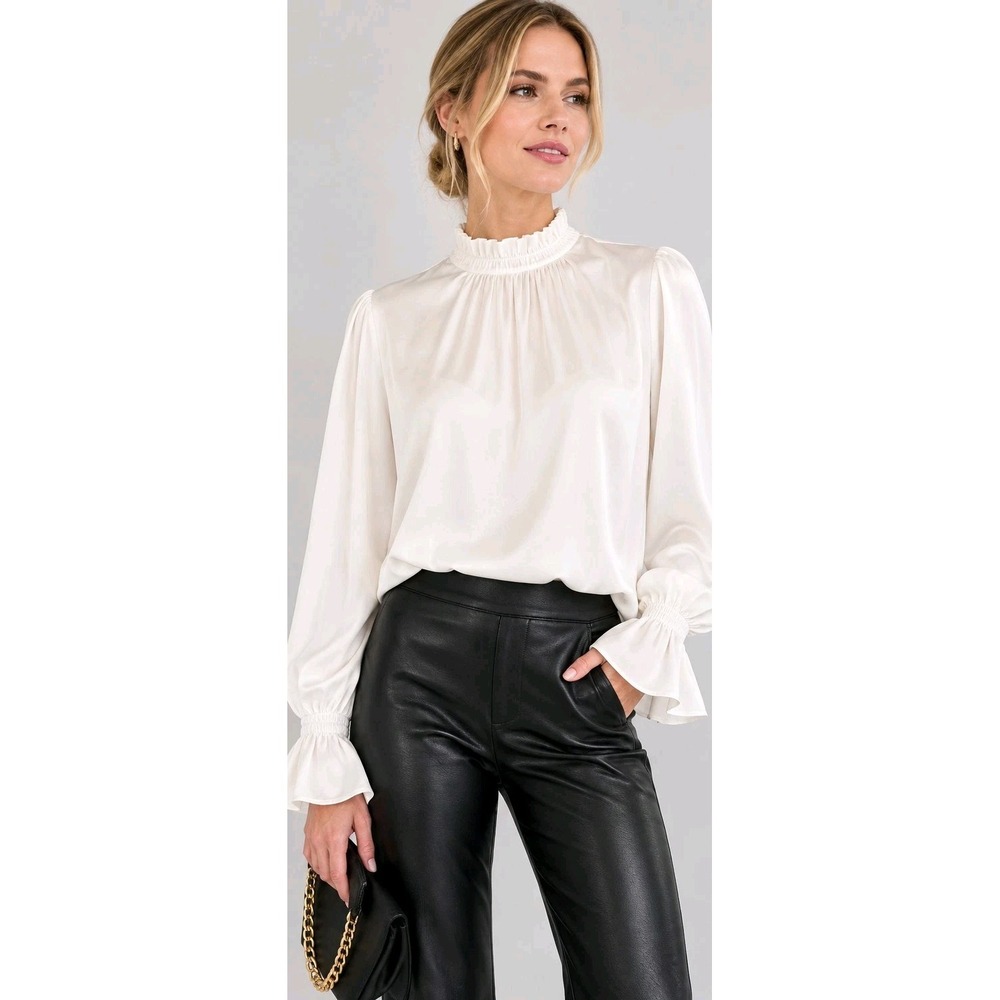 Cotes of London L Ivory Blouse Ruffle Neck Bell Cuff Romantic Quiet Luxury